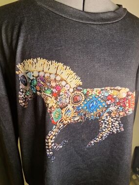 Women’s Black Crewneck Sweatshirt with Jeweled Horse Graphic Size XL